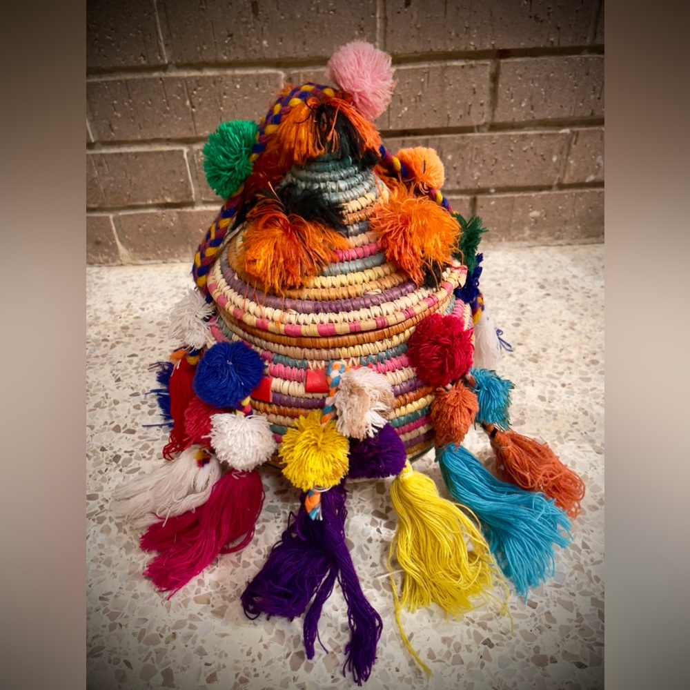 Handmade Traditional Woven Decorated Siwan (Egyptian) Lidded basket
